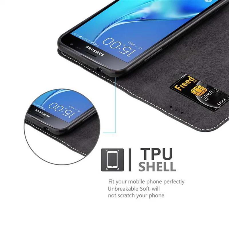 Cadorabo Hülle kompatibel mit Samsung Galaxy J3 2016 Schutzhülle mit Magnetverschluss, Standfunktion und Kartenfach