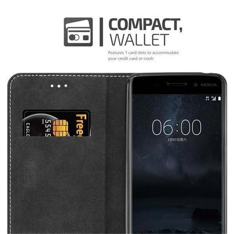Cadorabo Hülle kompatibel mit Nokia 6 2017 Schutzhülle mit Magnetverschluss, Standfunktion und Kartenfach