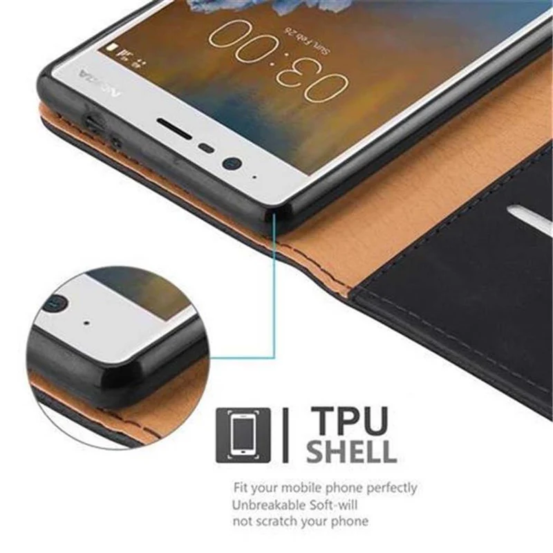 Cadorabo Hülle kompatibel mit Nokia 3 2017 Schutzhülle mit Magnetverschluss, Standfunktion und Kartenfach