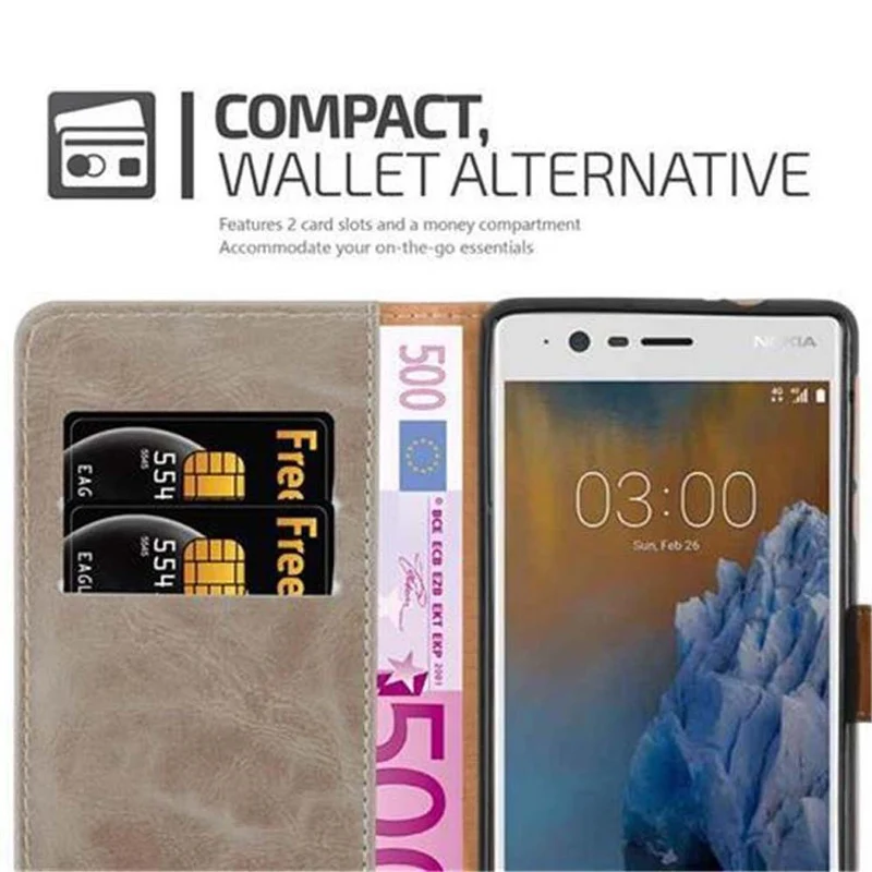 Cadorabo Hülle kompatibel mit Nokia 3 2017 Schutzhülle mit Magnetverschluss, Standfunktion und Kartenfach