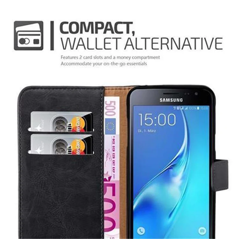 Cadorabo Hülle kompatibel mit Samsung Galaxy J3 2016 Schutzhülle mit Magnetverschluss, Standfunktion und Kartenfach