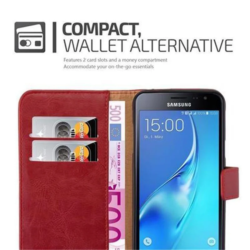 Cadorabo Hülle kompatibel mit Samsung Galaxy J3 2016 Schutzhülle mit Magnetverschluss, Standfunktion und Kartenfach