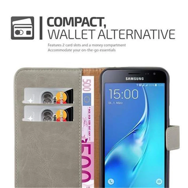 Cadorabo Hülle kompatibel mit Samsung Galaxy J3 2016 Schutzhülle mit Magnetverschluss, Standfunktion und Kartenfach