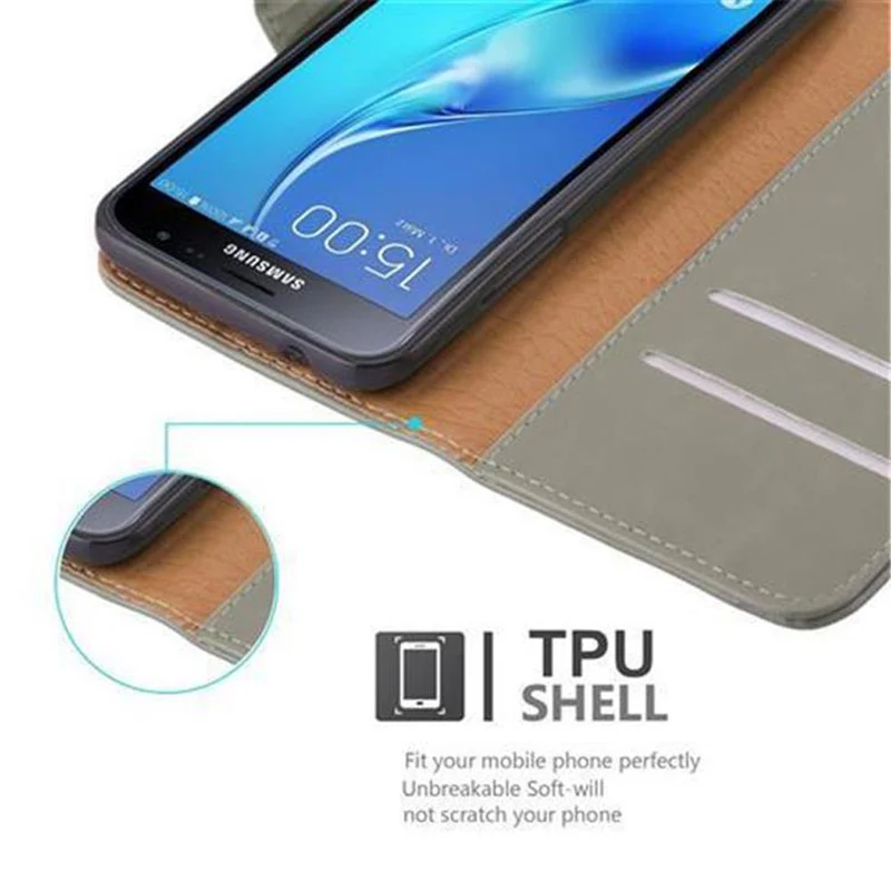 Cadorabo Hülle kompatibel mit Samsung Galaxy J3 2016 Schutzhülle mit Magnetverschluss, Standfunktion und Kartenfach