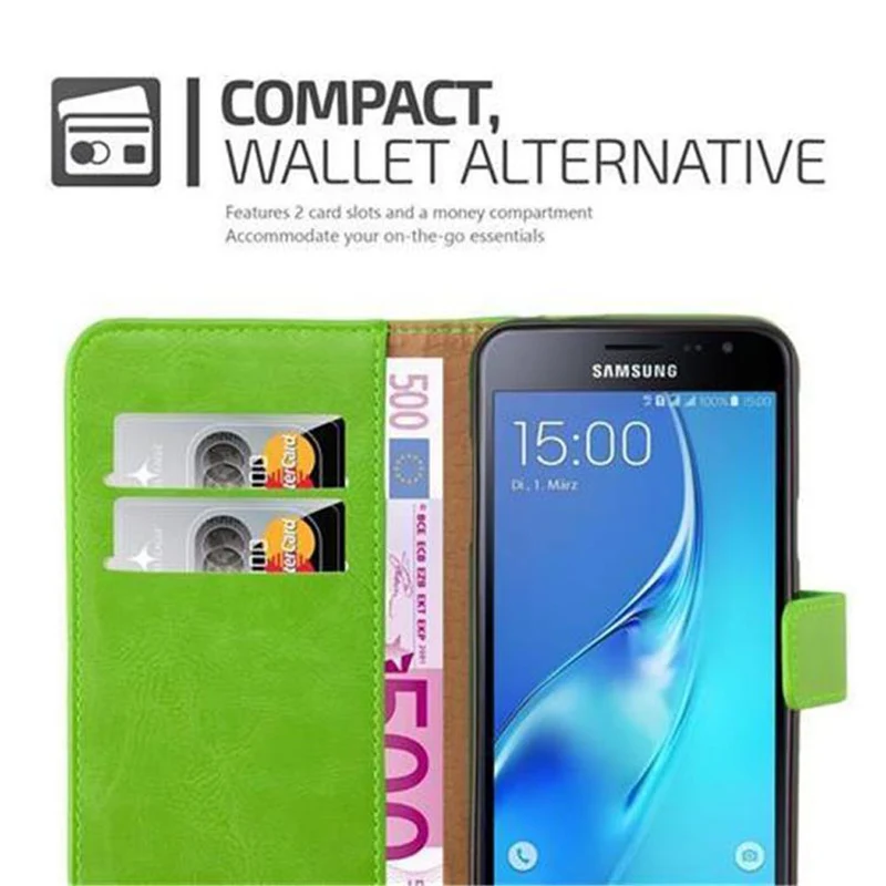 Cadorabo Hülle kompatibel mit Samsung Galaxy J3 2016 Schutzhülle mit Magnetverschluss, Standfunktion und Kartenfach