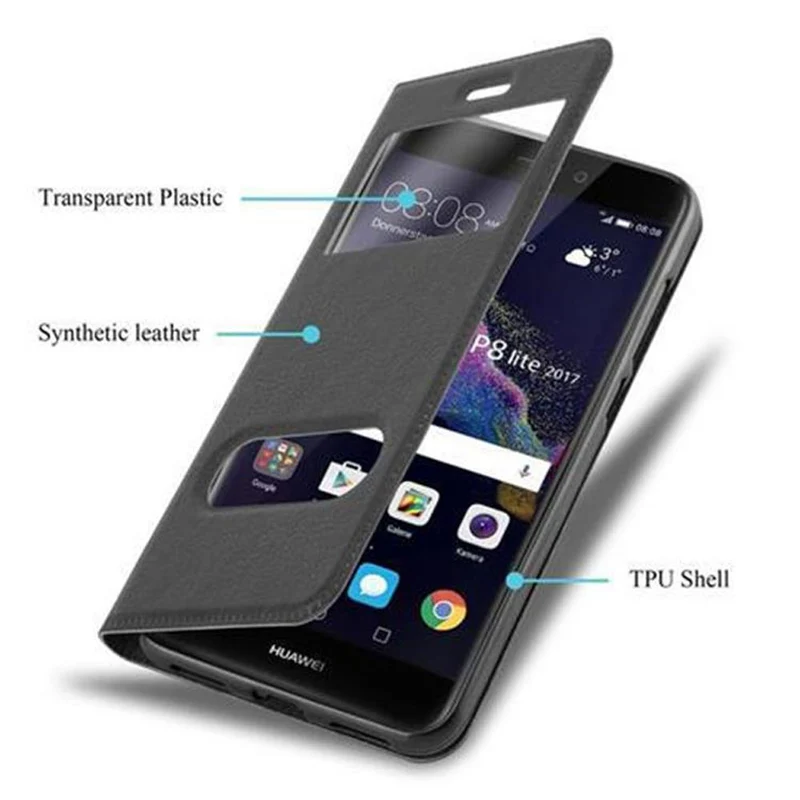 Cadorabo Hülle kompatibel mit Huawei P8 LITE 2017 / P9 LITE 2017 Schutzhülle mit Magnetverschluss, Standfunktion und 2 Sichtfenstern