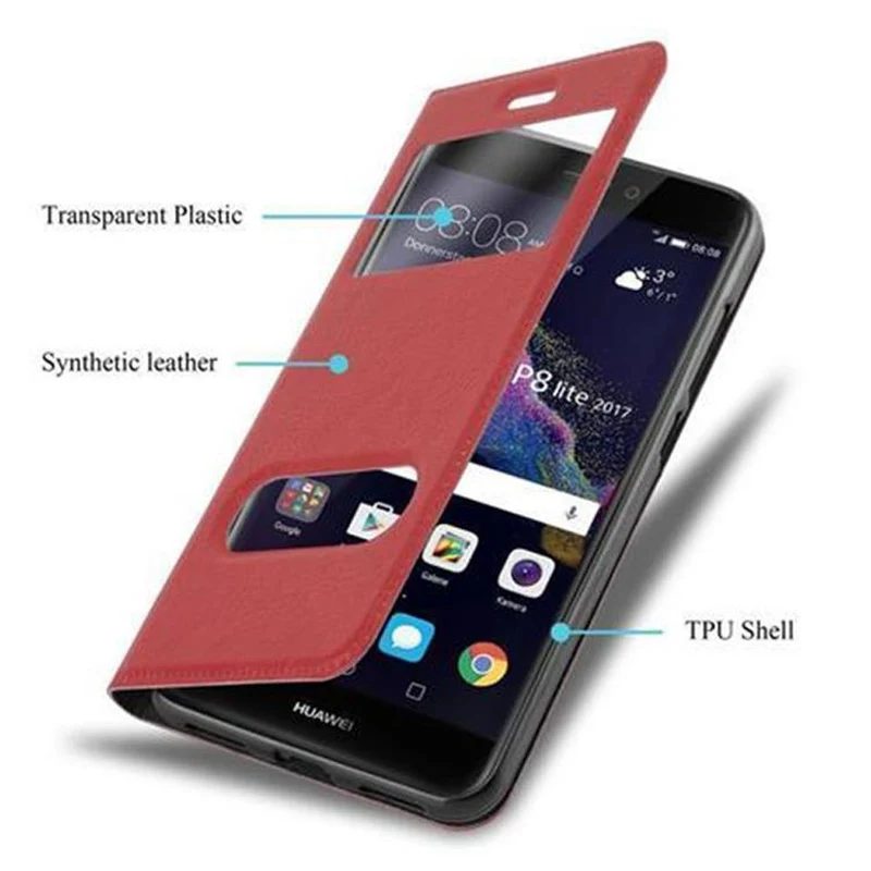 Cadorabo Hülle kompatibel mit Huawei P8 LITE 2017 / P9 LITE 2017 Schutzhülle mit Magnetverschluss, Standfunktion und 2 Sichtfenstern