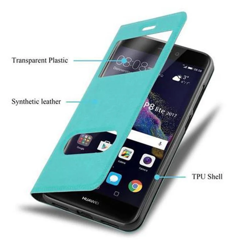 Cadorabo Hülle kompatibel mit Huawei P8 LITE 2017 / P9 LITE 2017 Schutzhülle mit Magnetverschluss, Standfunktion und 2 Sichtfenstern