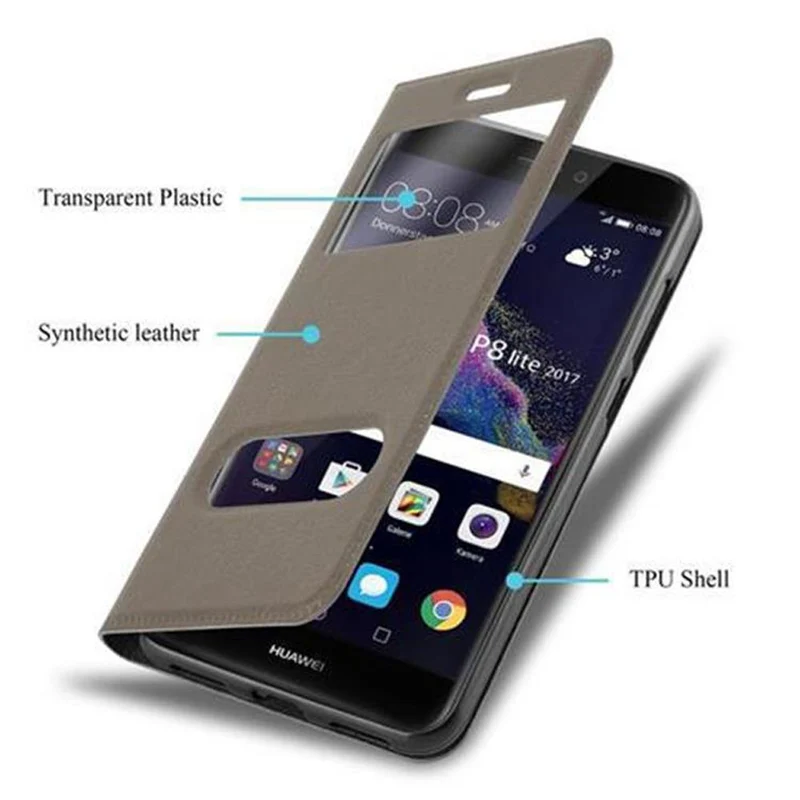 Cadorabo Hülle kompatibel mit Huawei P8 LITE 2017 / P9 LITE 2017 Schutzhülle mit Magnetverschluss, Standfunktion und 2 Sichtfenstern