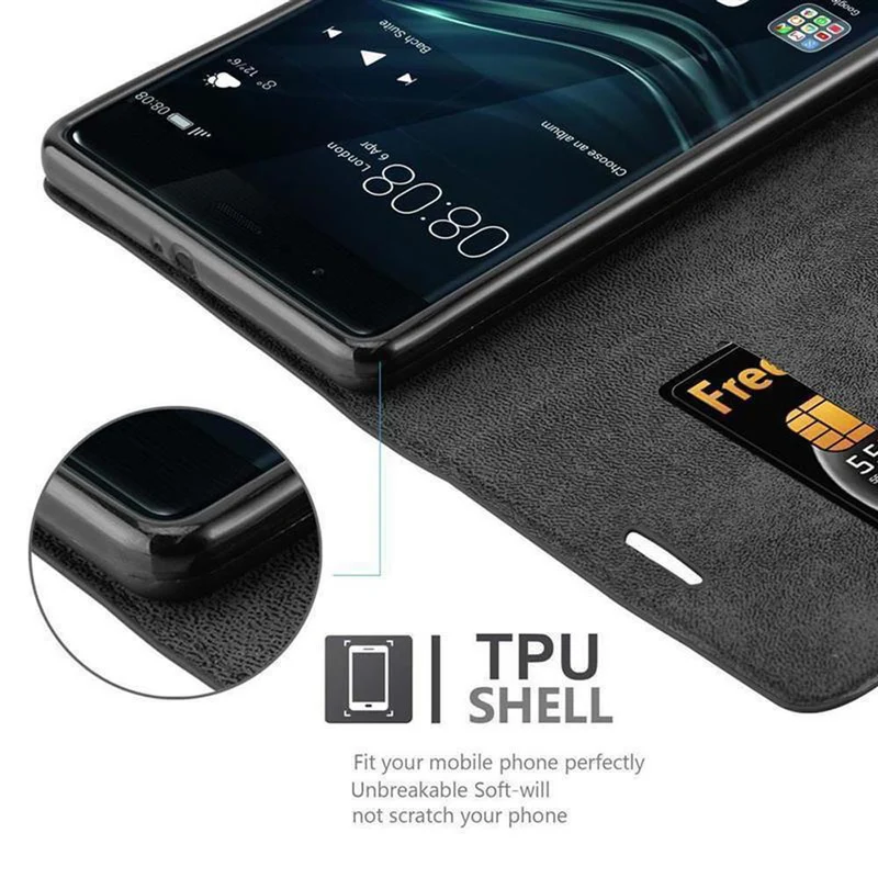 Cadorabo Hülle kompatibel mit Huawei P9 PLUS Schutzhülle mit Magnetverschluss, Standfunktion und Kartenfach