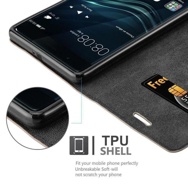 Cadorabo Hülle kompatibel mit Huawei P9 PLUS Schutzhülle mit Magnetverschluss, Standfunktion und Kartenfach