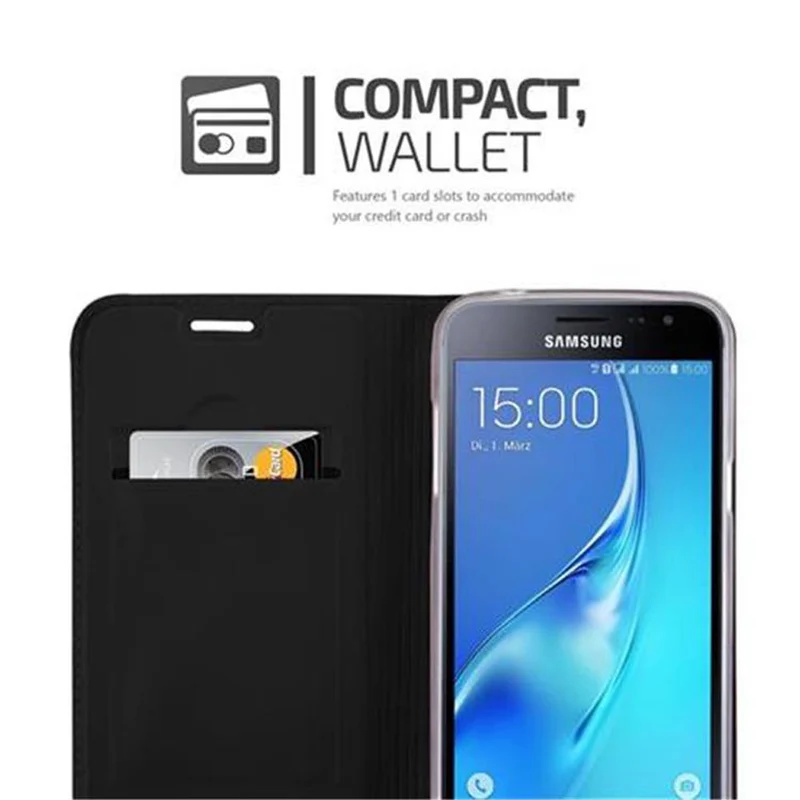 Cadorabo Hülle kompatibel mit Samsung Galaxy J3 2016 Schutzhülle mit Magnetverschluss, Standfunktion und Kartenfach