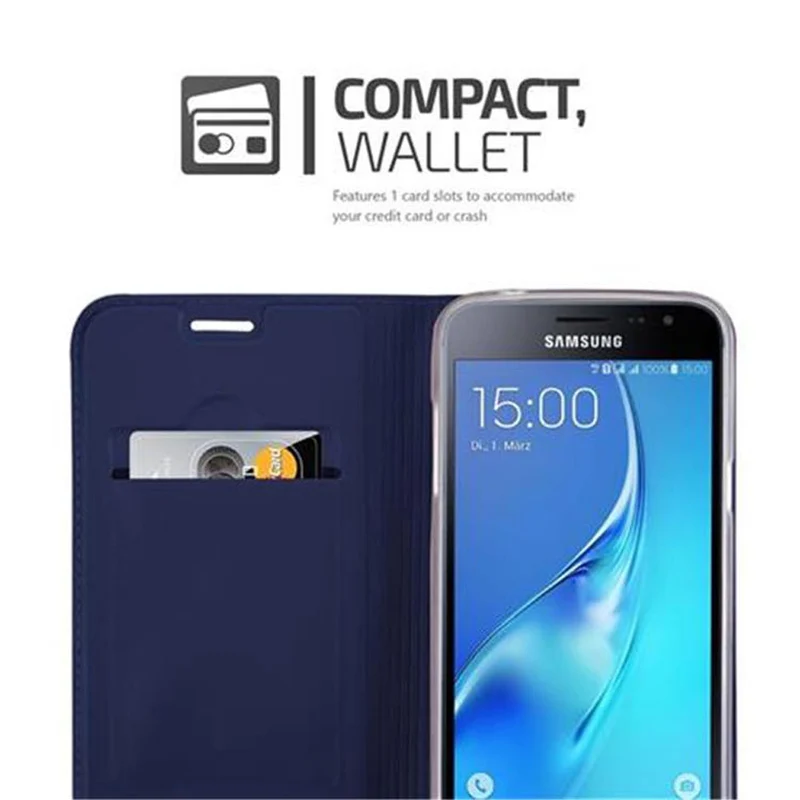 Cadorabo Hülle kompatibel mit Samsung Galaxy J3 2016 Schutzhülle mit Magnetverschluss, Standfunktion und Kartenfach