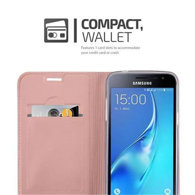 Cadorabo Hülle kompatibel mit Samsung Galaxy J3 2016 Schutzhülle mit Magnetverschluss, Standfunktion und Kartenfach