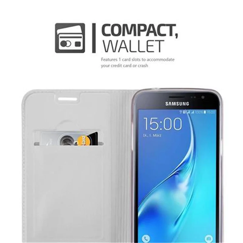 Cadorabo Hülle kompatibel mit Samsung Galaxy J3 2016 Schutzhülle mit Magnetverschluss, Standfunktion und Kartenfach
