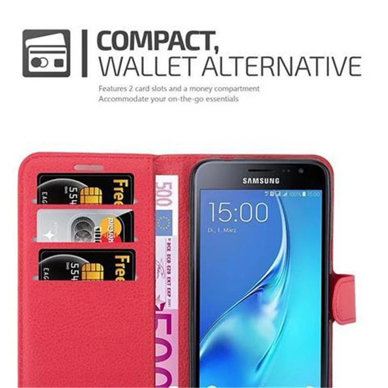 Cadorabo Hülle kompatibel mit Samsung Galaxy J3 2016 Schutzhülle mit Magnetverschluss, Standfunktion und Kartenfach
