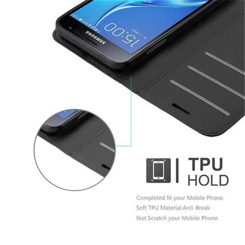 Cadorabo Hülle kompatibel mit Samsung Galaxy J3 2016 Schutzhülle mit Magnetverschluss, Standfunktion und Kartenfach
