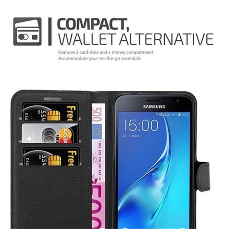 Cadorabo Hülle kompatibel mit Samsung Galaxy J3 2016 Schutzhülle mit Magnetverschluss, Standfunktion und Kartenfach