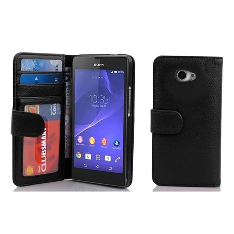 Cadorabo Hülle kompatibel mit Sony Xperia M2 / M2 AQUA Schutzhülle mit Magnetverschluss und 3 Kartenfächern