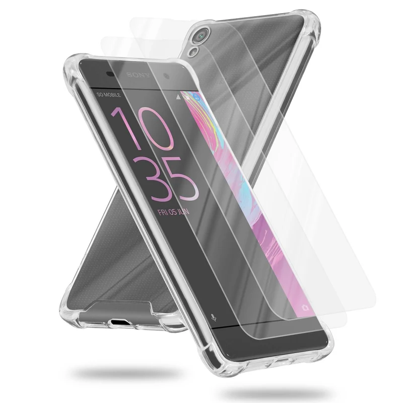Cadorabo Hülle und 2x Tempered Schutzglas kompatibel mit Sony Xperia XA Hybrid Schutzhülle mit TPU Silikon-Rand und Acryl-Glas-Rücken