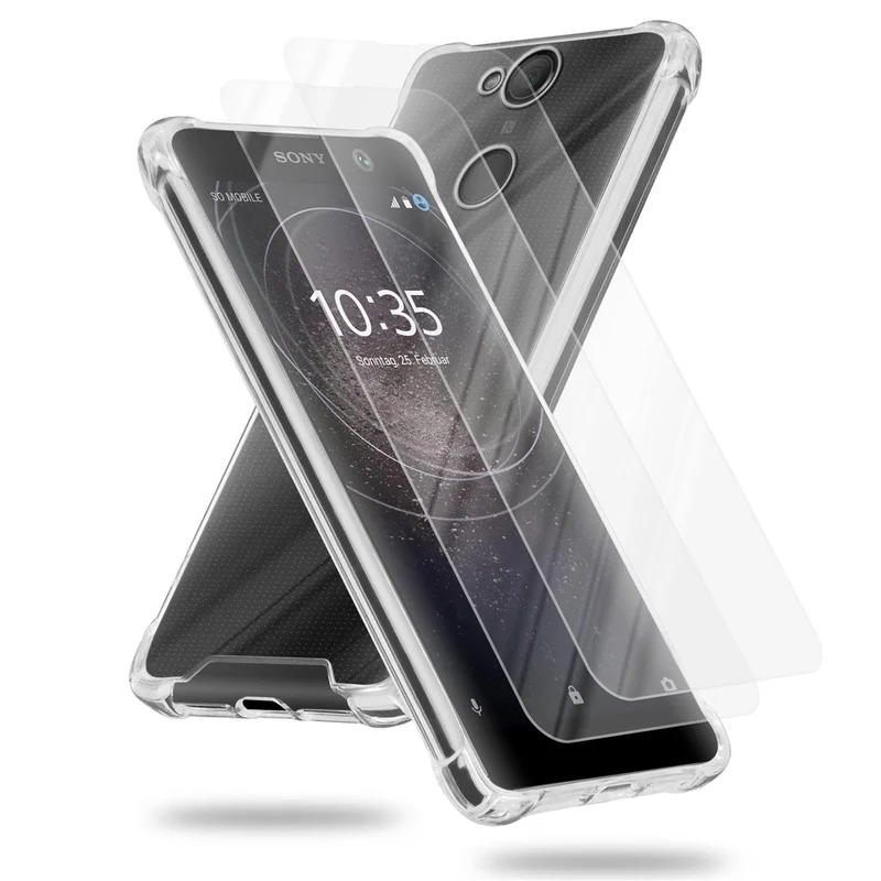 Cadorabo Hülle und 2x Tempered Schutzglas kompatibel mit Sony Xperia XA2 Hybrid Schutzhülle mit TPU Silikon-Rand und Acryl-Glas-Rücken