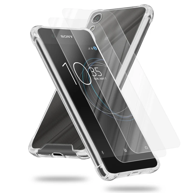 Cadorabo Hülle und 2x Tempered Schutzglas kompatibel mit Sony Xperia XA1 Hybrid Schutzhülle mit TPU Silikon-Rand und Acryl-Glas-Rücken