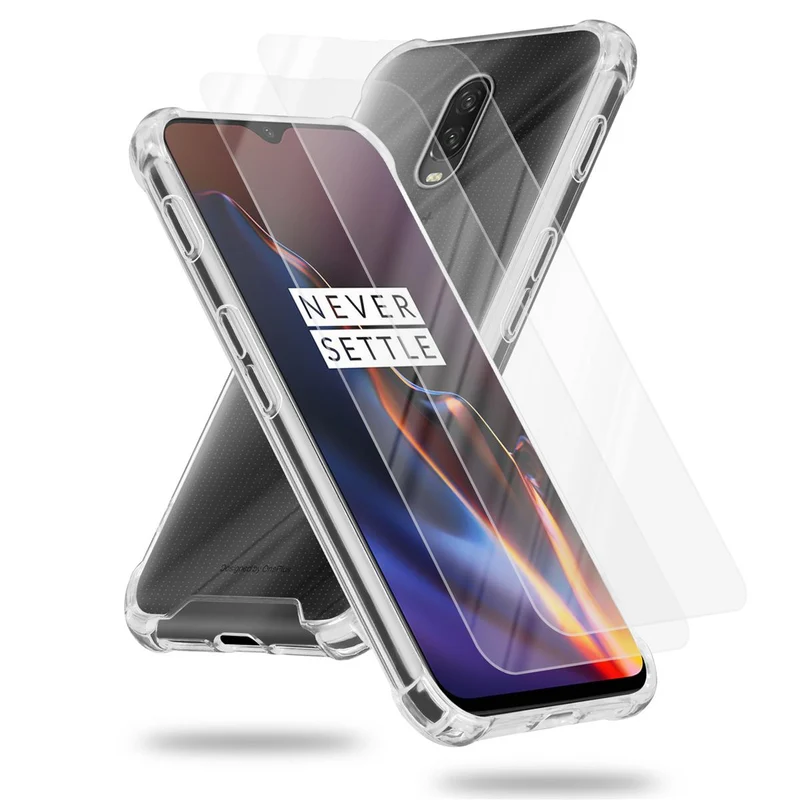 Cadorabo Hülle und 2x Tempered Schutzglas kompatibel mit OnePlus 6T Hybrid Schutzhülle mit TPU Silikon-Rand und Acryl-Glas-Rücken
