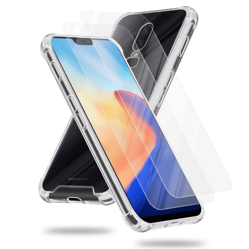 Cadorabo Hülle und 2x Tempered Schutzglas kompatibel mit OnePlus 6 Hybrid Schutzhülle mit TPU Silikon-Rand und Acryl-Glas-Rücken