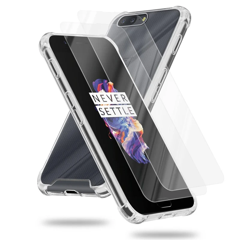 Cadorabo Hülle und 2x Tempered Schutzglas kompatibel mit OnePlus 5 Hybrid Schutzhülle mit TPU Silikon-Rand und Acryl-Glas-Rücken