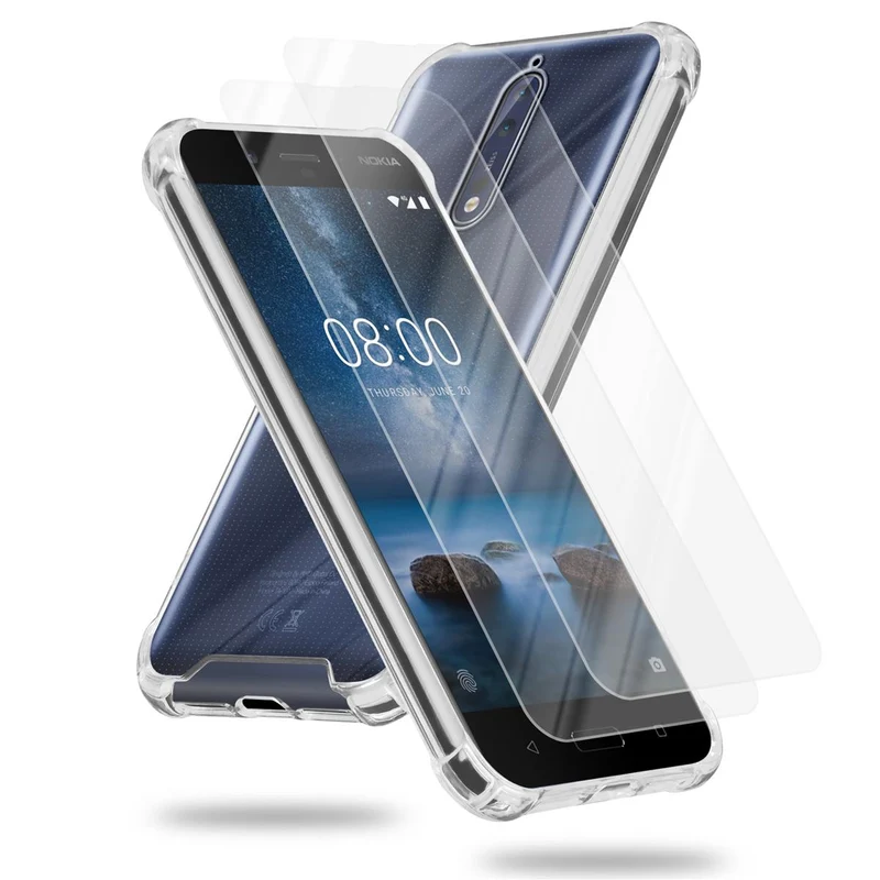 Cadorabo Hülle und 2x Tempered Schutzglas kompatibel mit Nokia 8 2017 Hybrid Schutzhülle mit TPU Silikon-Rand und Acryl-Glas-Rücken