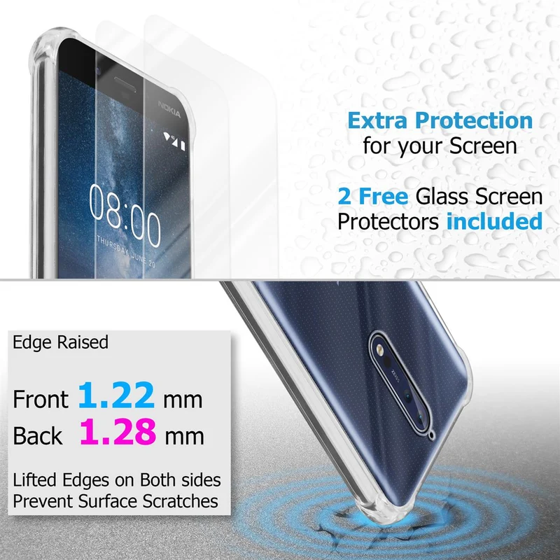 Cadorabo Hülle und 2x Tempered Schutzglas kompatibel mit Nokia 8 2017 Hybrid Schutzhülle mit TPU Silikon-Rand und Acryl-Glas-Rücken