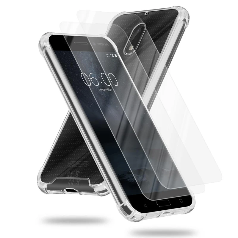 Cadorabo Hülle und 2x Tempered Schutzglas kompatibel mit Nokia 6 2017 Hybrid Schutzhülle mit TPU Silikon-Rand und Acryl-Glas-Rücken