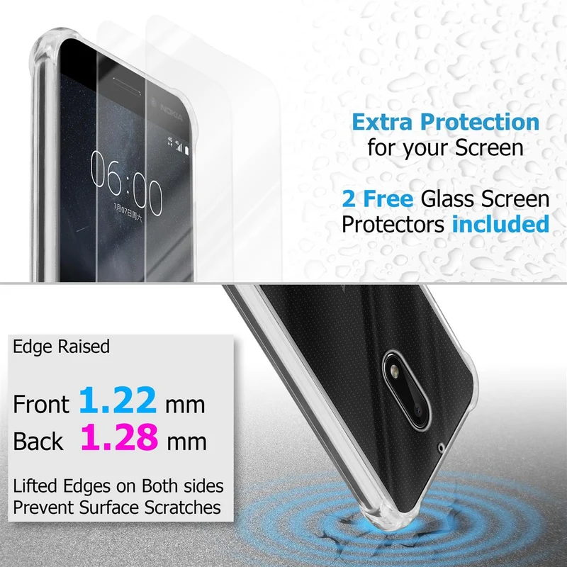Cadorabo Hülle und 2x Tempered Schutzglas kompatibel mit Nokia 6 2017 Hybrid Schutzhülle mit TPU Silikon-Rand und Acryl-Glas-Rücken