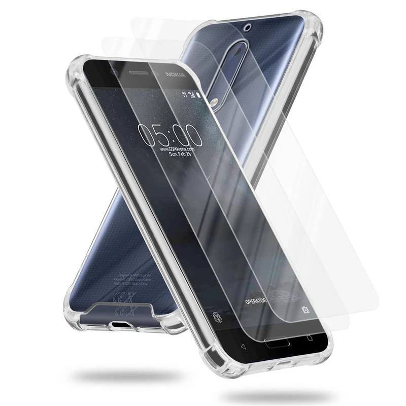 Cadorabo Hülle und 2x Tempered Schutzglas kompatibel mit Nokia 5 2017 Hybrid Schutzhülle mit TPU Silikon-Rand und Acryl-Glas-Rücken