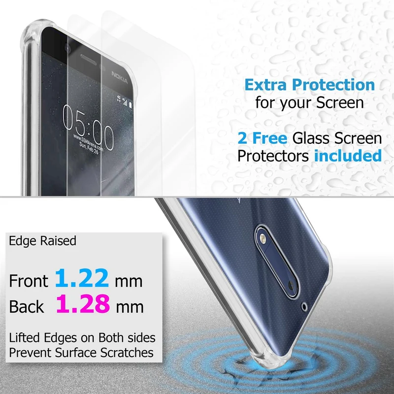Cadorabo Hülle und 2x Tempered Schutzglas kompatibel mit Nokia 5 2017 Hybrid Schutzhülle mit TPU Silikon-Rand und Acryl-Glas-Rücken
