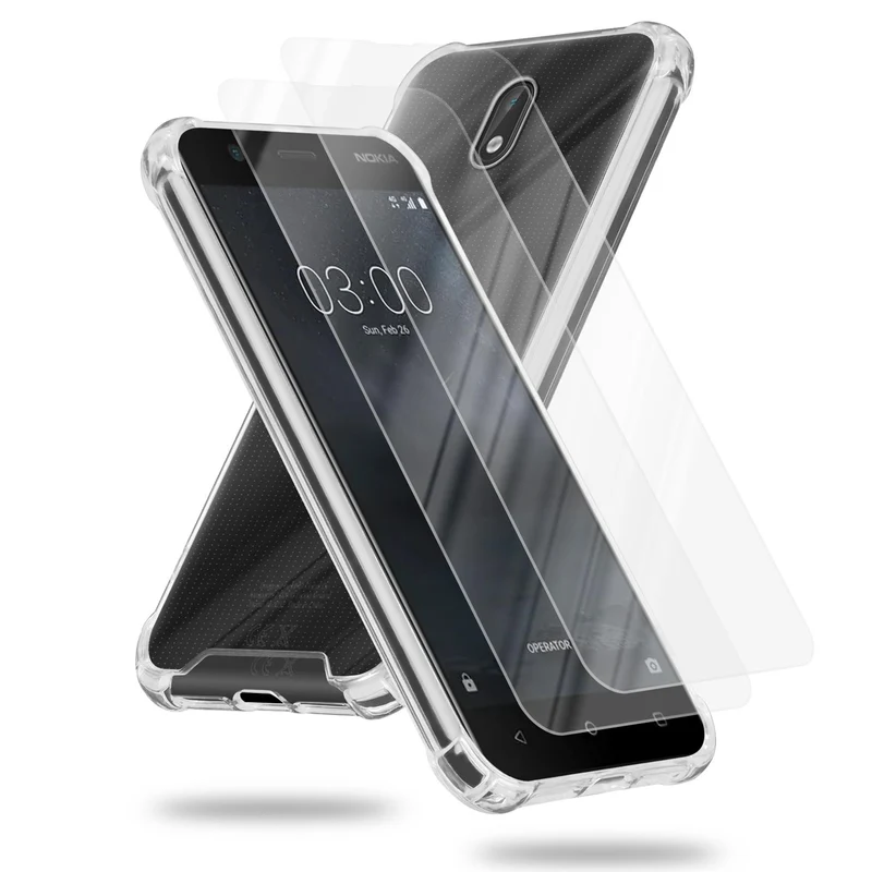 Cadorabo Hülle und 2x Tempered Schutzglas kompatibel mit Nokia 3 2017 Hybrid Schutzhülle mit TPU Silikon-Rand und Acryl-Glas-Rücken