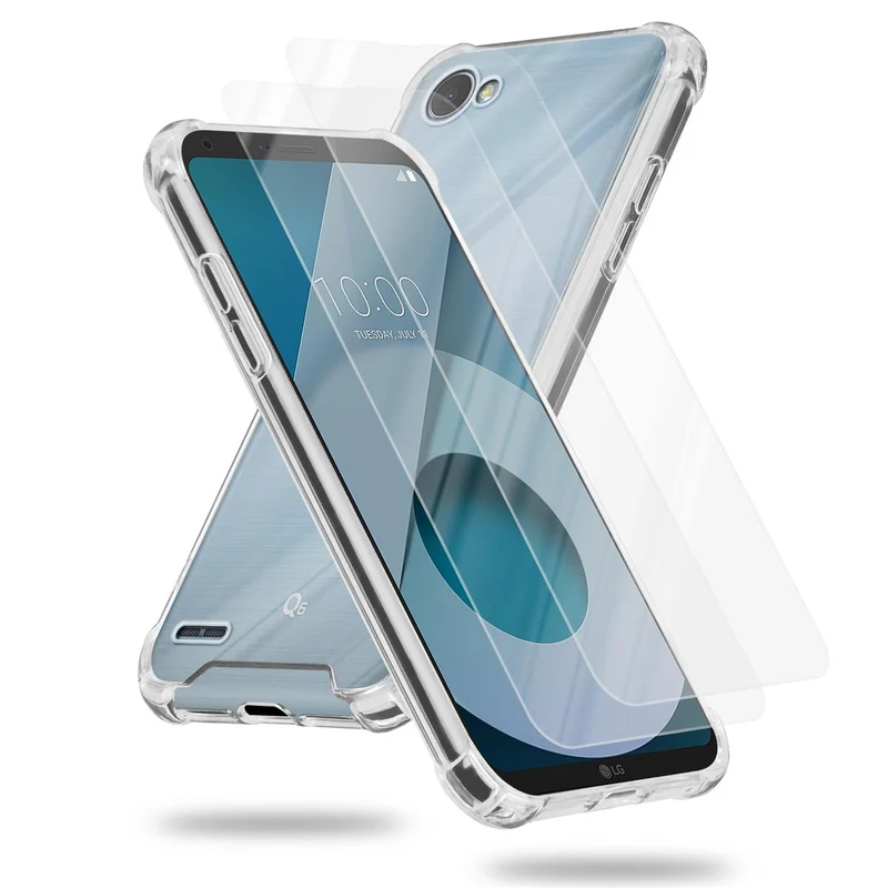 Cadorabo Hülle und 2x Tempered Schutzglas kompatibel mit LG Q6 / G6 MINI Hybrid Schutzhülle mit TPU Silikon-Rand und Acryl-Glas-Rücken
