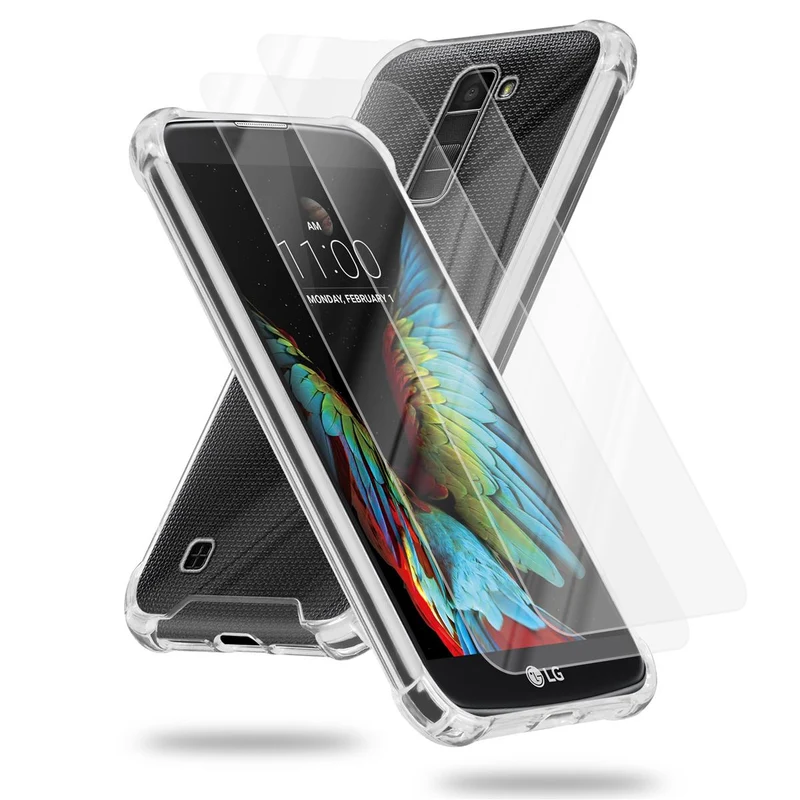 Cadorabo Hülle und 2x Tempered Schutzglas kompatibel mit LG K10 2016 Hybrid Schutzhülle mit TPU Silikon-Rand und Acryl-Glas-Rücken