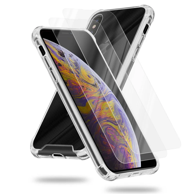 Cadorabo Hülle und 2x Tempered Schutzglas kompatibel mit Apple iPhone XS MAX Hybrid Schutzhülle mit TPU Silikon-Rand und Acryl-Glas-Rücken