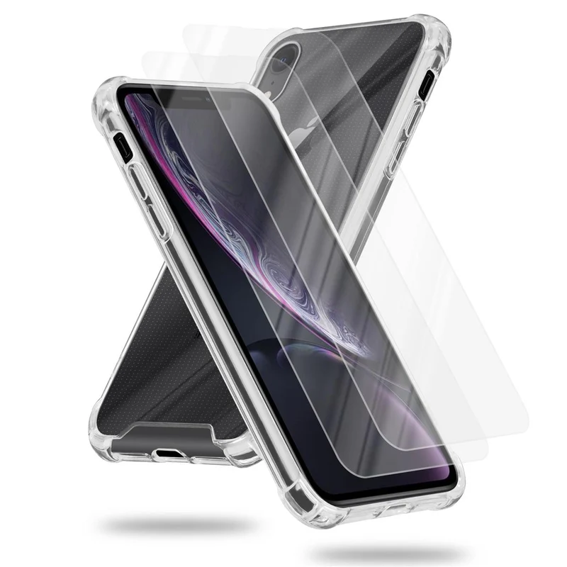 Cadorabo Hülle und 2x Tempered Schutzglas kompatibel mit Apple iPhone XR Hybrid Schutzhülle mit TPU Silikon-Rand und Acryl-Glas-Rücken