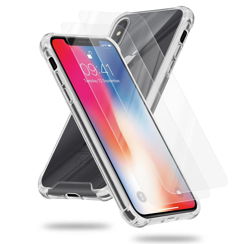 Cadorabo Hülle und 2x Tempered Schutzglas kompatibel mit Apple iPhone X / XS Hybrid Schutzhülle mit TPU Silikon-Rand und Acryl-Glas-Rücken