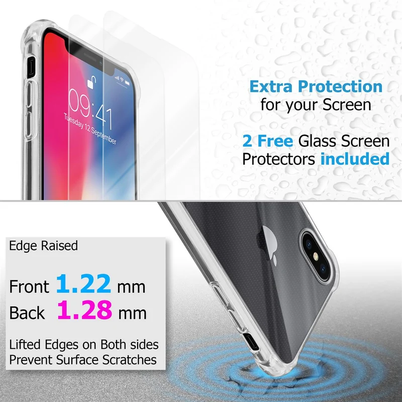 Cadorabo Hülle und 2x Tempered Schutzglas kompatibel mit Apple iPhone X / XS Hybrid Schutzhülle mit TPU Silikon-Rand und Acryl-Glas-Rücken