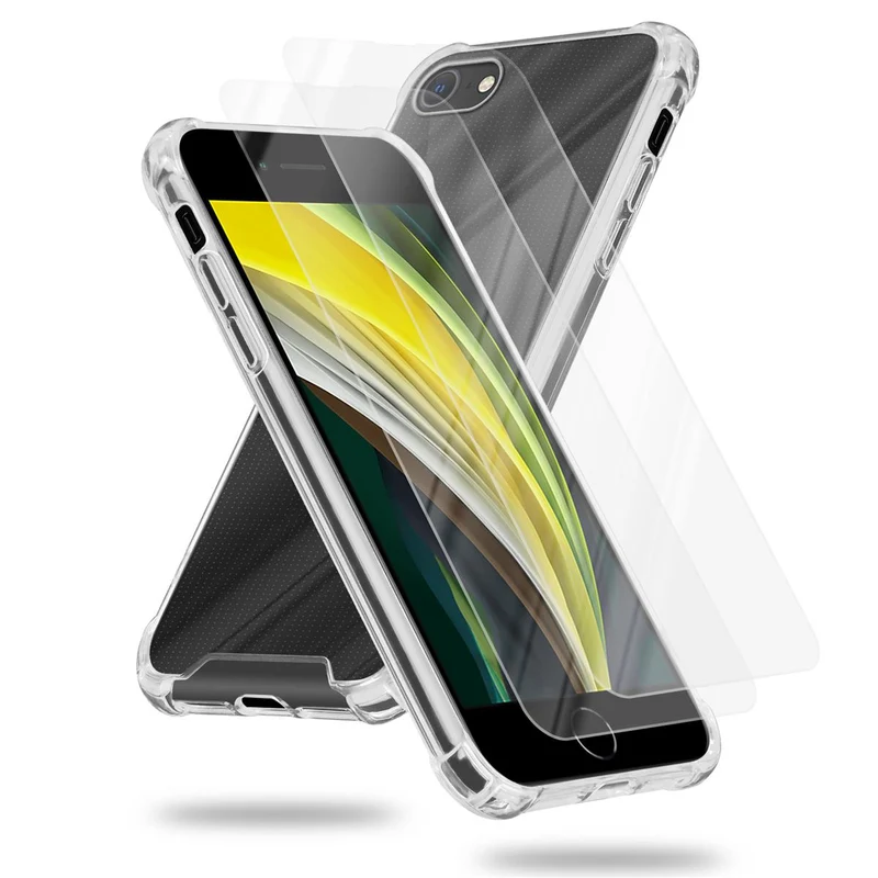 Cadorabo Hülle und 2x Tempered Schutzglas kompatibel mit Apple iPhone 7 / 7S / 8 / SE 2020 Hybrid Schutzhülle mit TPU Silikon-Rand und Acryl-Glas-Rücken