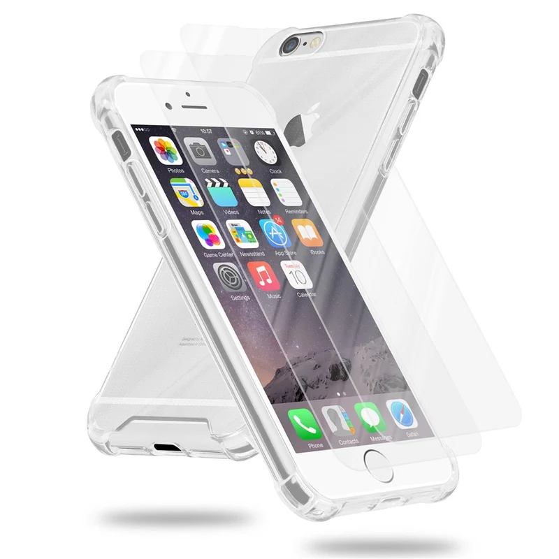 Cadorabo Hülle und 2x Tempered Schutzglas kompatibel mit Apple iPhone 6 / 6S Hybrid Schutzhülle mit TPU Silikon-Rand und Acryl-Glas-Rücken