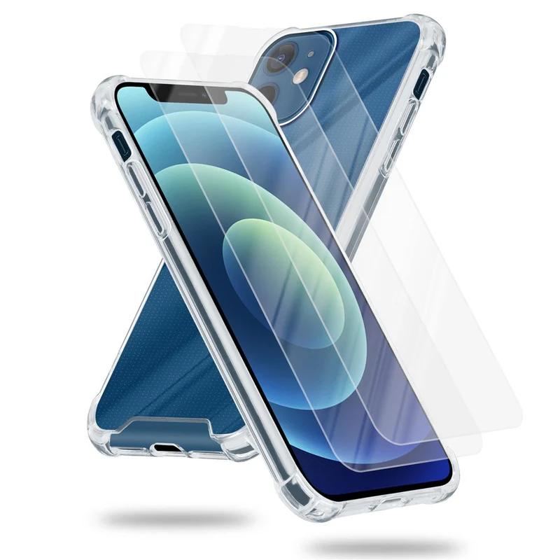 Cadorabo Hülle und 2x Tempered Schutzglas kompatibel mit Apple iPhone 12 MINI Hybrid Schutzhülle mit TPU Silikon-Rand und Acryl-Glas-Rücken