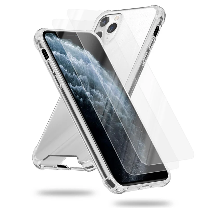 Cadorabo Hülle und 2x Tempered Schutzglas kompatibel mit Apple iPhone 11 PRO Hybrid Schutzhülle mit TPU Silikon-Rand und Acryl-Glas-Rücken