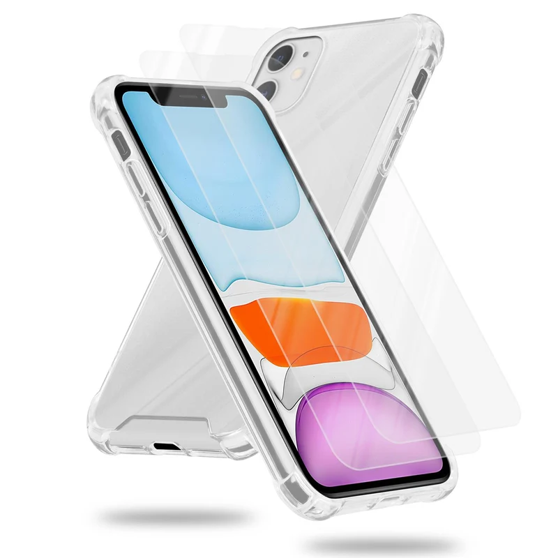 Cadorabo Hülle und 2x Tempered Schutzglas kompatibel mit Apple iPhone 11 Hybrid Schutzhülle mit TPU Silikon-Rand und Acryl-Glas-Rücken