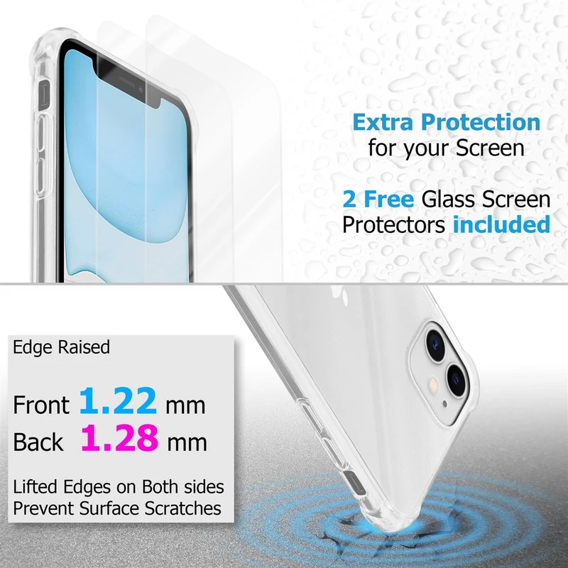 Cadorabo Hülle und 2x Tempered Schutzglas kompatibel mit Apple iPhone 11 Hybrid Schutzhülle mit TPU Silikon-Rand und Acryl-Glas-Rücken