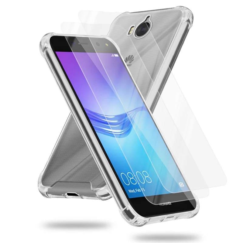 Cadorabo Hülle und 2x Tempered Schutzglas kompatibel mit Huawei Y5 2017 / Y6 2017 Hybrid Schutzhülle mit TPU Silikon-Rand und Acryl-Glas-Rücken