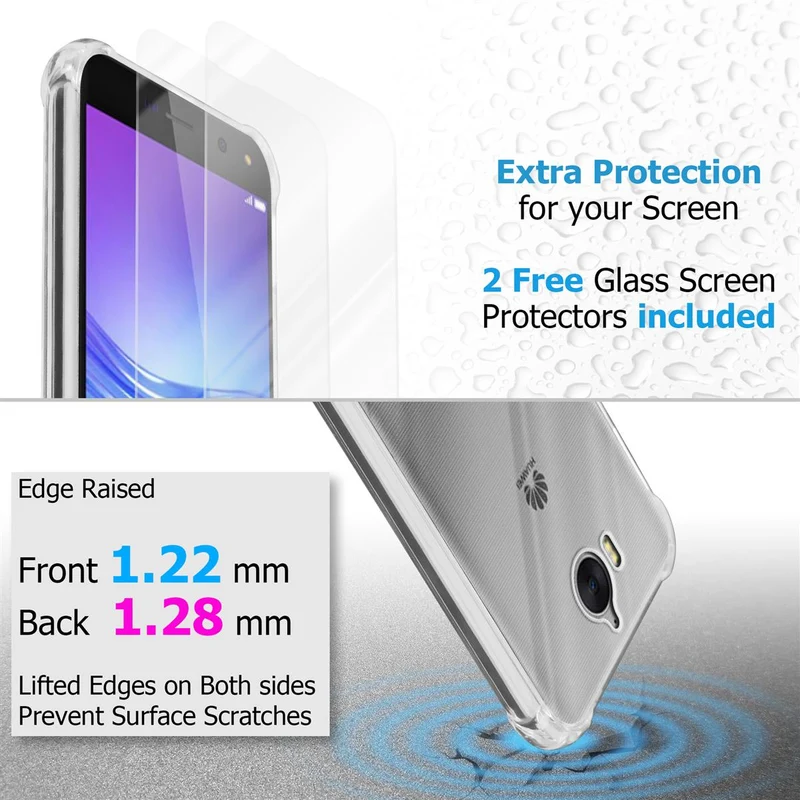Cadorabo Hülle und 2x Tempered Schutzglas kompatibel mit Huawei Y5 2017 / Y6 2017 Hybrid Schutzhülle mit TPU Silikon-Rand und Acryl-Glas-Rücken